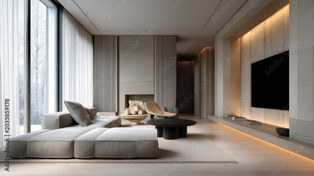 Fototapeta premium Ultra luxurious modern living room with large sectional sofa, minimalist decor, neutral color palette, floor to ceiling windows, serene ambiance