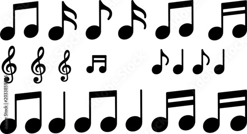 Schilderij op canvas Collection of musical notation symbols including treble clefs, quarter notes, ei