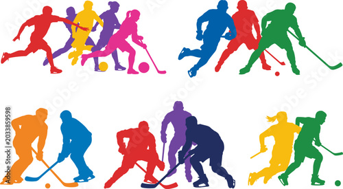 Photography Field hockey player silhouette set with colorful action poses dribbling and runn