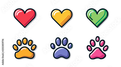 Tableau sur toile Colorful Hearts and Paws Icons Set on Bright Background Evoking Playful Emotions