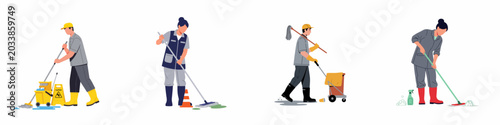Foto Vector illustration of professional cleaning staff characters performing various janitorial tasks with specialized equipment isolated on a white background