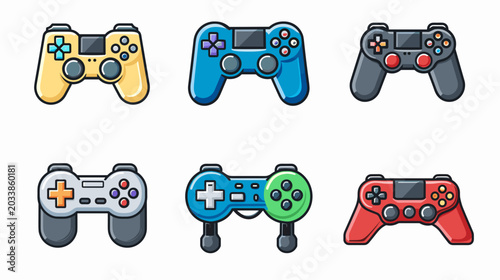 Colorful Pixelated Game Controllers Displayed in Six Different Designs and Colors