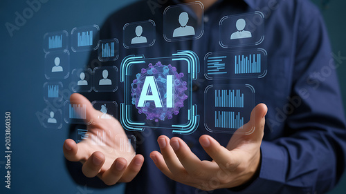 Man presenting ai icon with various data and profile interfaces in hands.