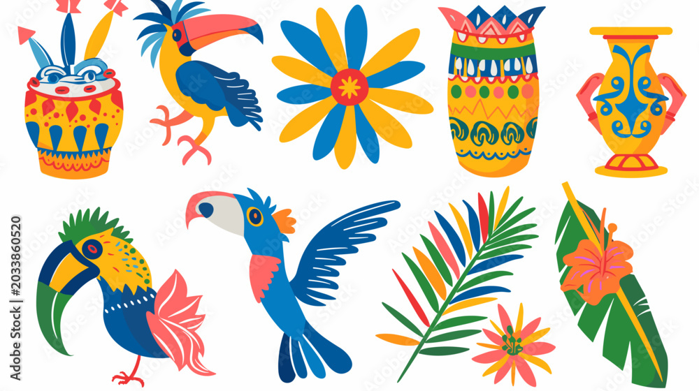 Obraz premium Colorful Tropical Illustration Featuring Exotic Birds, Floral Elements, and Decorative Vases