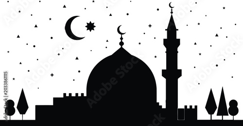 Foto Black silhouette of a traditional islamic mosque featuring a large dome and a tall minaret under a starry night sky with crescent moon for ramadan and eid events