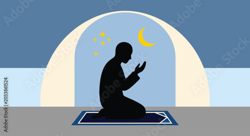 Cuadro en lienzo Silhouette of a devout muslim person peacefully praying on a traditional rug under an archway with a glowing crescent moon and stars representing deep islamic faith