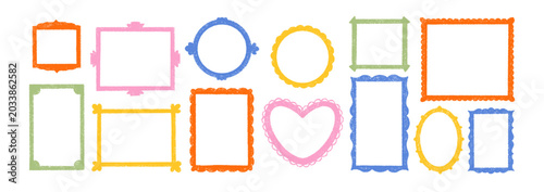 Hand-drawn crayon frame with wavy borders and pastel summer doodles. Whimsical childish design perfect for kids' posters, photos, or decorative frame art projects. Color vector illustration.