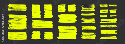 Vibrant highlighter marker strokes with scribble marks and shapes. Vector brush lines, circles, and underlines add energy to notes, labels, and graphic projects. Vector illustration.
