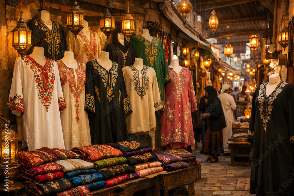Fototapeta premium Traditional embroidered clothing display in warmly lit vintage market stall at night