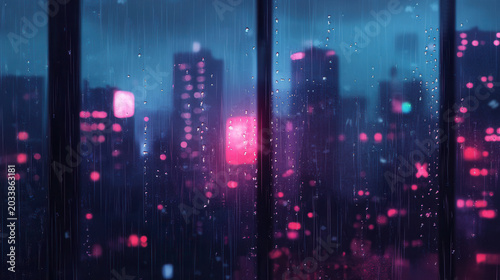 Rainy Night Cityscape Through Window