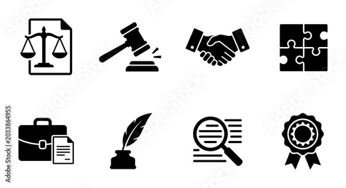 Law, business, and agreement icons, set of 8 black vector graphics, legal and handshake symbols