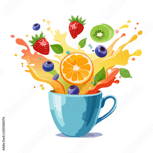 Εκτύπωση καμβά Dynamic fresh fruit and juice splash erupting from a ceramic coffee cup Vector I