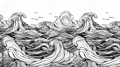 Dynamic Black and White Illustration of Powerful Ocean Waves in a Vibrant Seascape Scene