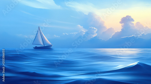 Sailing Boat on Blue Ocean at Sunrise