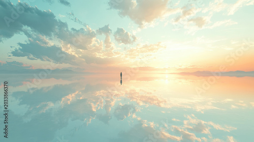 Solitary Figure on the Sunset Lake Reflection