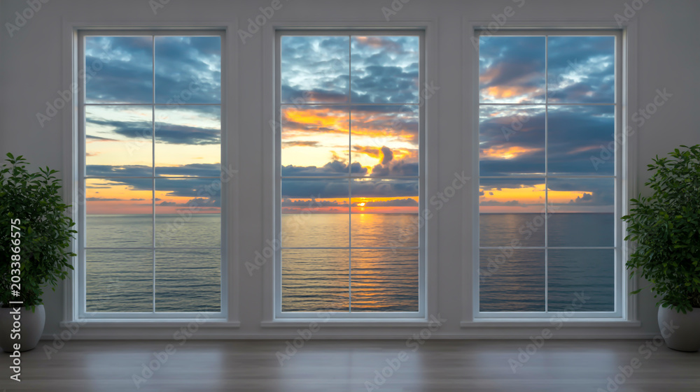 Fototapeta premium Sunset ocean view through large windows with potted plants inside