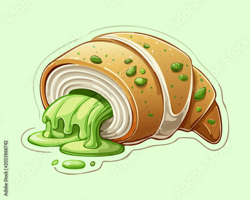 Bild auf Leinwand Cute green tea croissant with melting matcha cream filling delicious flaky pastr
