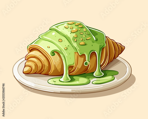 Obraz na plátně Kawaii green tea croissant with dripping matcha glaze cream delicious sweet flak