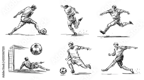 Cuadro en lienzo Dynamic Soccer Player Illustrations Demonstrating Action and Techniques on the F