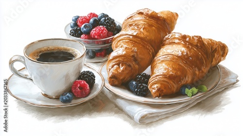 French croissant breakfast set with coffee and berries, elegant realistic food illustration, white background, no typography
