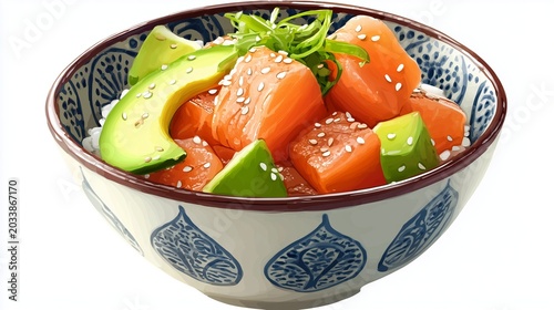 A bowl of fresh salmon, avocado, and rice; an illustrated healthy food presentation.