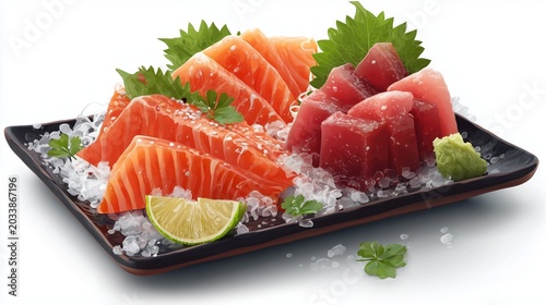 Fresh sashimi platter with salmon and tuna slices, realistic Japanese food illustration, white background, no text
