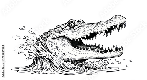 Photos Fierce Crocodile Head Emerging from Water Splash, Black and White Ink Drawing