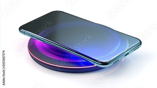 Wireless charging pad with floating smartphone on white background, futuristic mobile technology concept