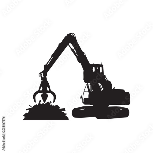 Silhouette of a grapple crane loading scrap metal at a recycling facility with heavy duty