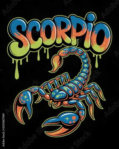 A striking graffiti portrait of the zodiac sign Scorpio on a black background