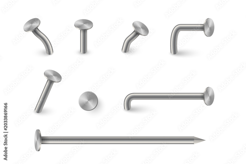 Obraz premium Metal nails collection. Realistic 3D iron nails hammered into wall. Metallic straight and bent hardware spikes. Steel hardware for carpentry projects. Realistic vector illustration set.