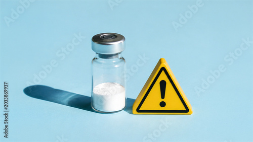 medical vial with white peptide powder and warning sign. Concept of dangerous medication, pharmaceutical safety, health risk or illegal substance investigation. Clinical trial caution concept