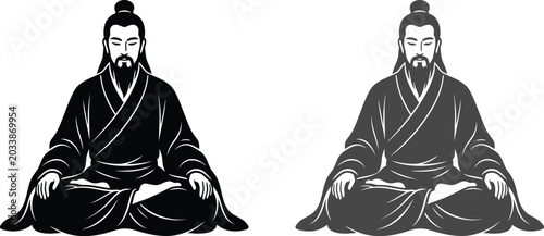 Serene asian men in traditional attire meditating Chinese Teachers’ Day 