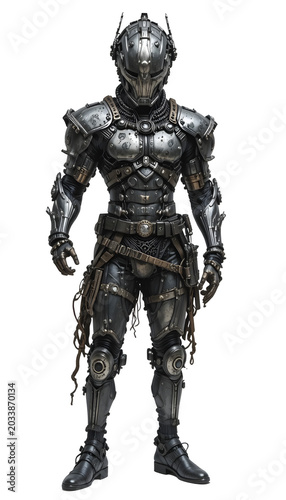 A knight in dark armor with ripped fabric adobe stock image stands alone