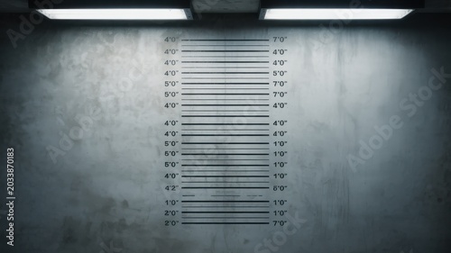 Empty police lineup background with height measurement scale on a gritty concrete wall