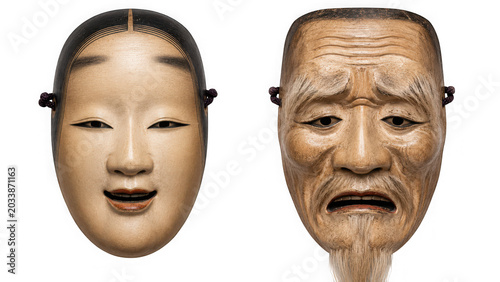 Traditional japanese noh theater wooden masks isolated on transparent background
