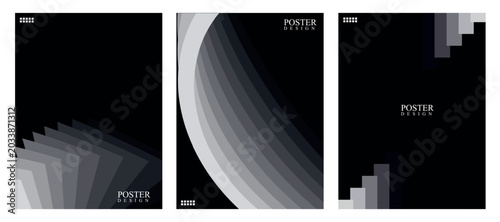 Minimal black and white abstract geometric poster template pack. Modern monochrome step and wave pattern covers.
