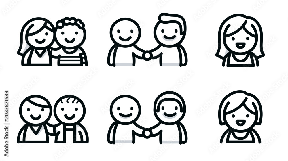 Fototapeta premium Group of Minimalist Icons Depicting Friendship and Connection Among Diverse Characters