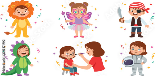 Cute Kids Costume Party Vector Icon Set with Children Dressed as Lion Fairy Pirate Astronaut Dinosaur and Face Painting Activity