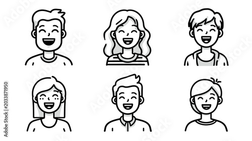 Cuadro en lienzo Group Of Six Cartoon Characters Smiling And Expressing Happiness In Simple Line