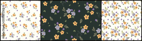 Seamless floral pattern, liberty ditsy print collection. Simple cute botanical design in country motif. Small hand drawn daisy flowers, tiny leaves, mini bouquets in an abstract. Vector illustration.