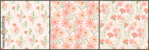 Seamless floral pattern, romantic ditsy print set. Cute botanical design of gentle wildflowers, small pink flowers, tiny leaves, simple hand drawn plants on white background. Vector illustration.
