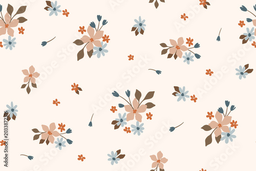 Seamless floral pattern, liberty ditsy print in romantic rustic motif. Cute botanical design of small hand drawn flowers, tiny leaves, simple bouquets abstract on white background. Vector illustration