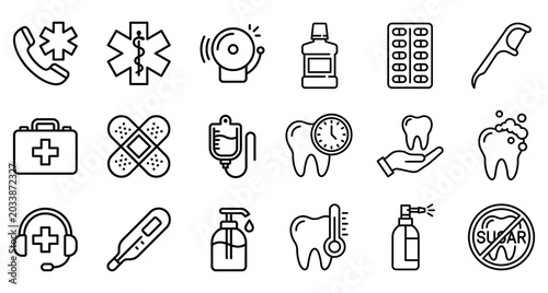 Schilderij op canvas Emergency and health service icons line art first aid emergency mouthwash bandag