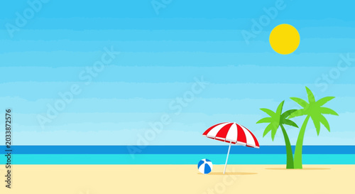 Minimalist Beach Scene with Palm Trees and Umbrella