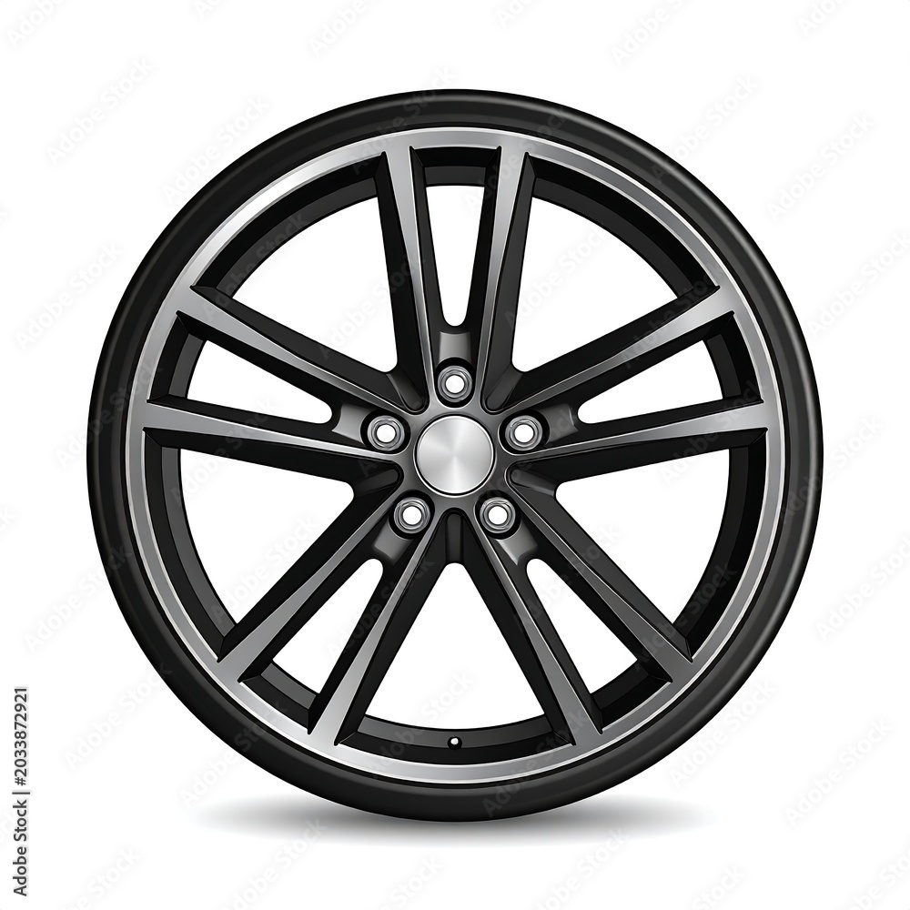 Obraz premium Close-up view of a modern black alloy car wheel.