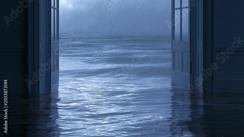 Open door in a dark room with a view of the ocean. the door is on the right side of the image and is partially submerged in water. the water is a deep blue color and appears to be calm and still.