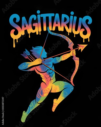 A striking graffiti portrait of the Sagittarius zodiac sign on a black background—a street art-style illustration for astrology, tattoos, and street fashion design