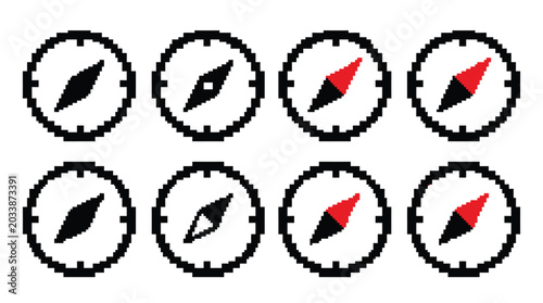 Collection of eight pixel art compass icons showing different needle directions for navigation and orientation tasks