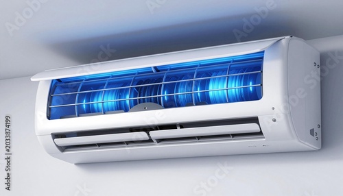 Wall-mounted split air conditioner indoor unit with blue illuminated cooling coils and adjustable vents for room temperature control